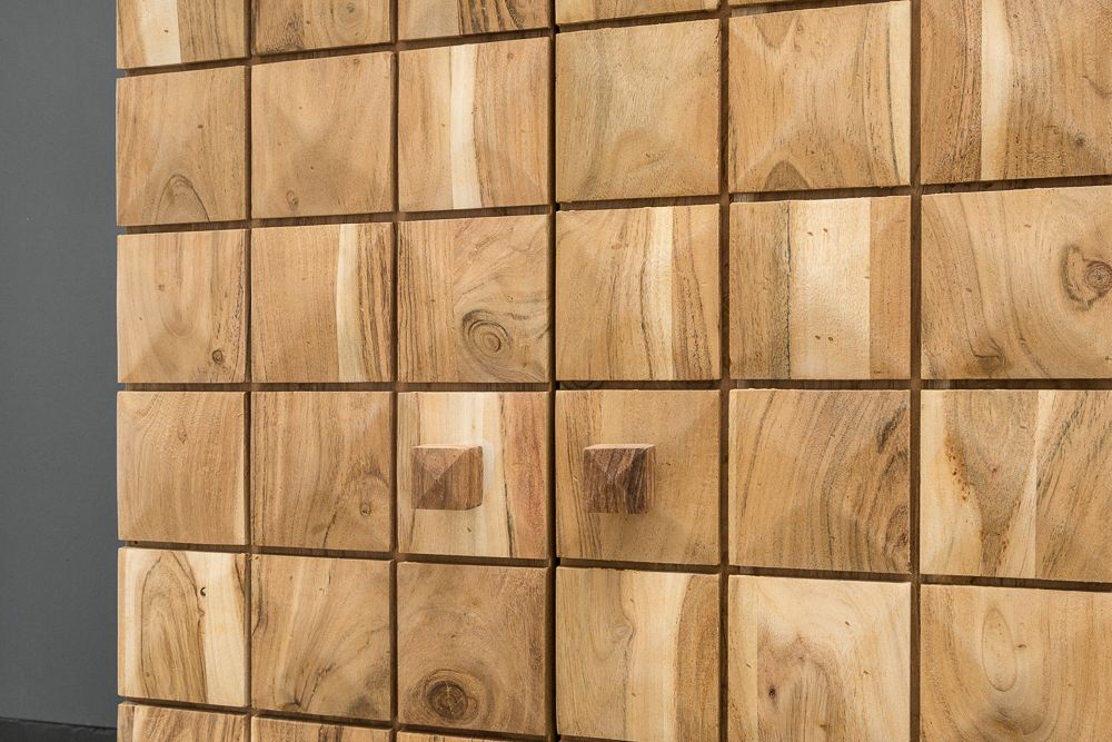 Handgearbeiteter Barschrank MOSAICO 130cm Akazie Massivholz 3D Effekt