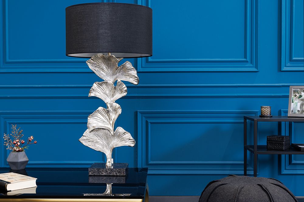 Design Tischlampe GINKGO 70cm schwarz Stoffschirm silber Metall handmade Marmor-Fuß
