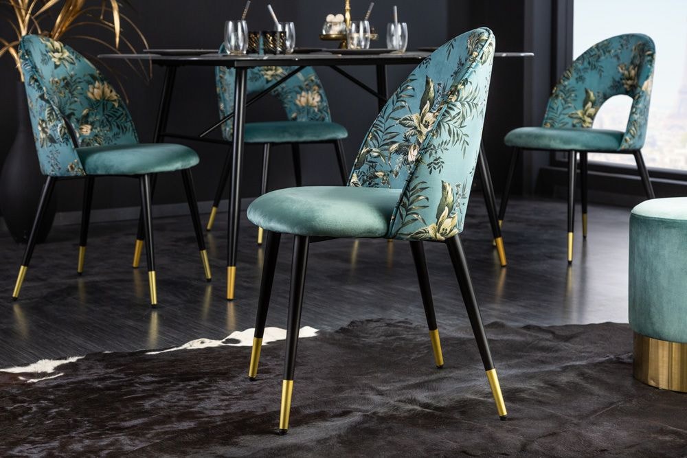 Design Stuhl PRÊT-À-PORTER türkis Samt florales Muster und goldene Fußkappen