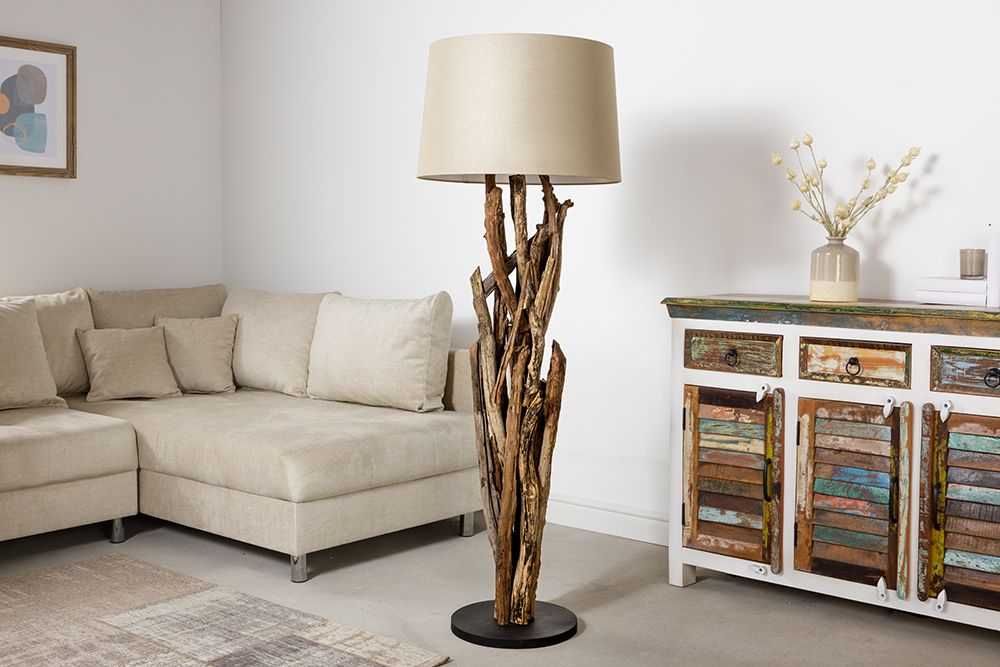 Handgefertigte Stehlampe WILD NATURE 158cm natur Treibholz Stehleuchte Leinenschirm