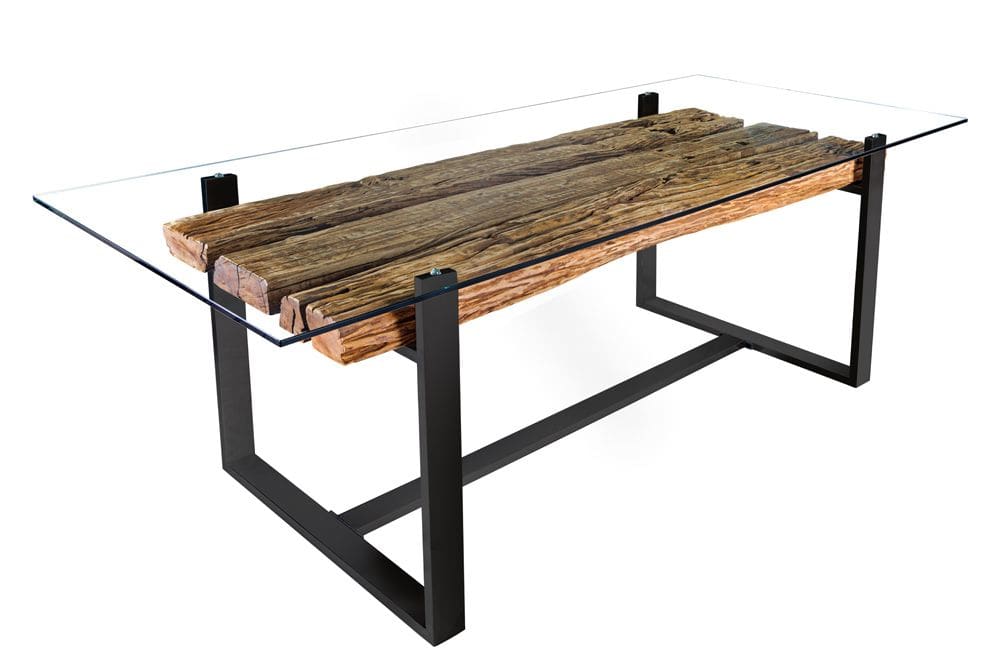 Design Glas Esstisch BARRACUDA 220cm natur Teak Massivholz schwarz Kufengestell
