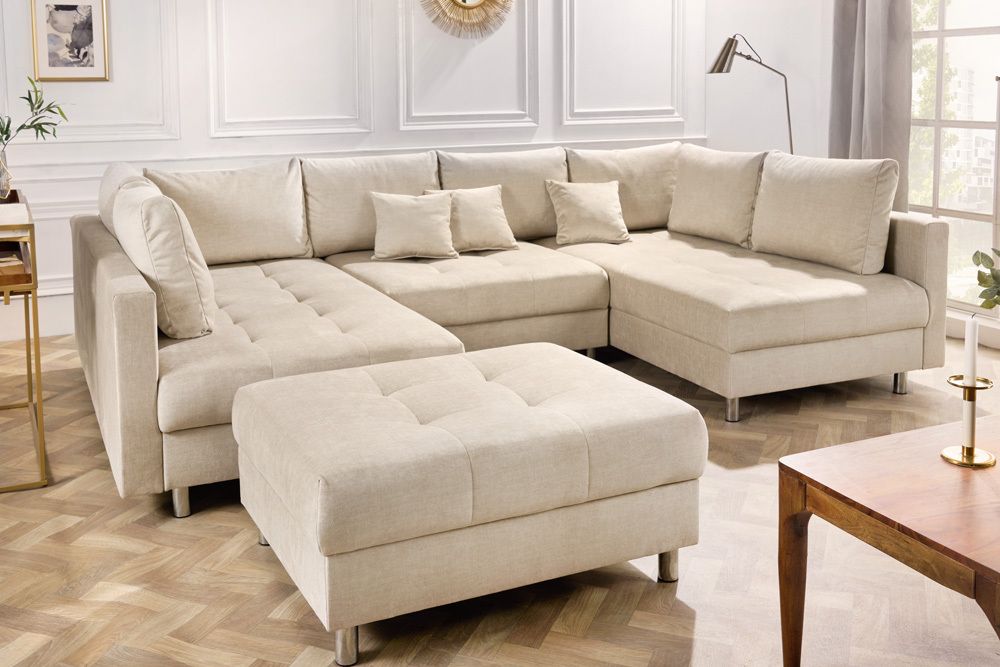 XXL Wohnlandschaft KENT 305cm champagner beige Vogue Velours Samt Federkern mit Hocker
