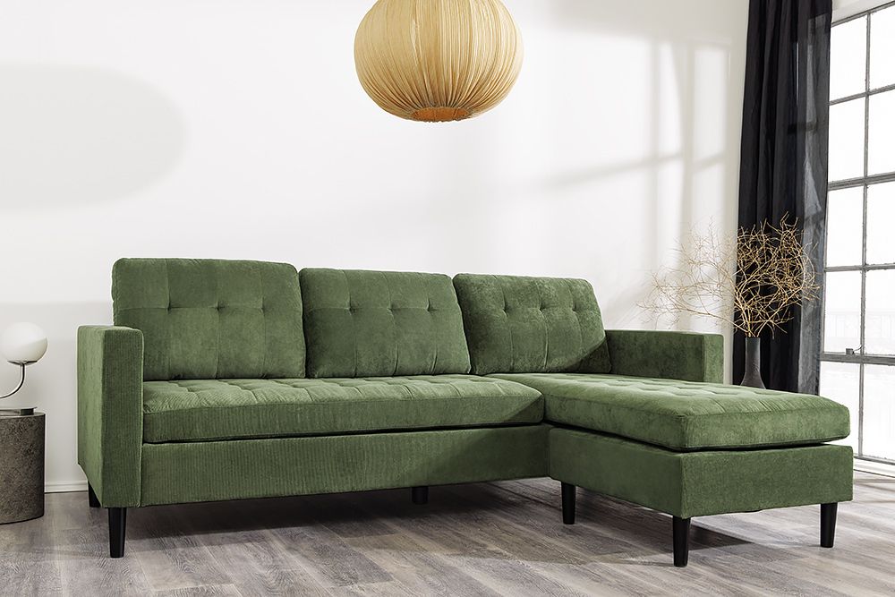 Retro Ecksofa STOCKHOLM 220cm grün Cordstoff Federkern 3-Sitzer