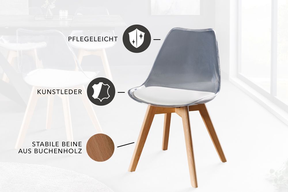 Design Stuhl SCANDINAVIA MEISTERSTÜCK transparent weiß Kunststoff Buchenholz natur