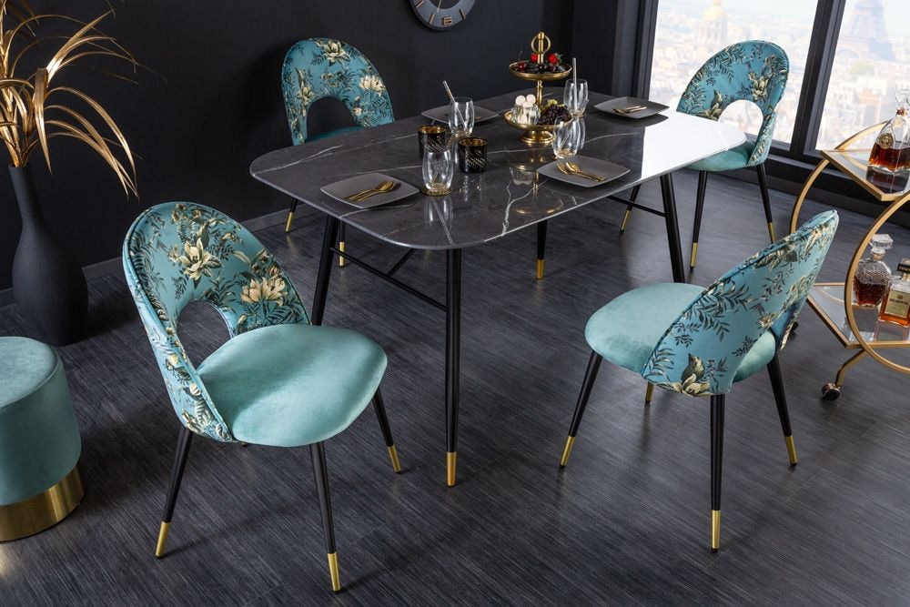 Design Stuhl PRÊT-À-PORTER türkis Samt florales Muster und goldene Fußkappen