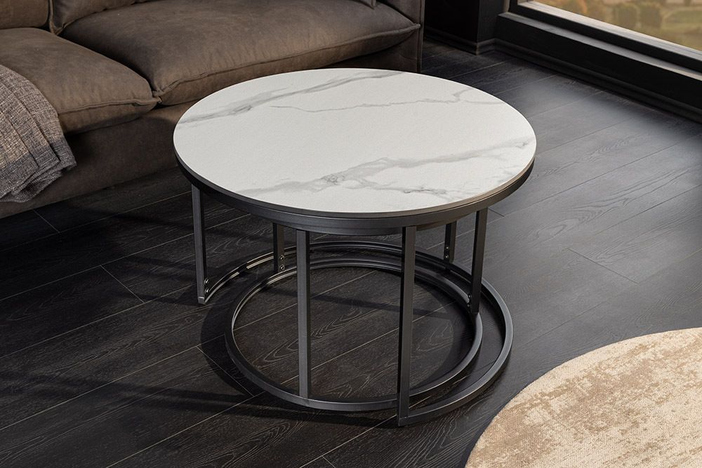 Rundes 2er Set Couchtische ELEGANCE 75cm weiß Keramik schwarz Metall