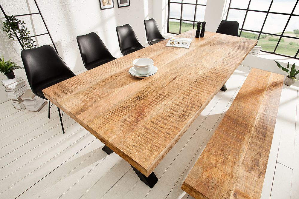 Massiver Esstisch IRON CRAFT 240cm natur Mangoholz Industrial Design X-Gestell schwarz Metall