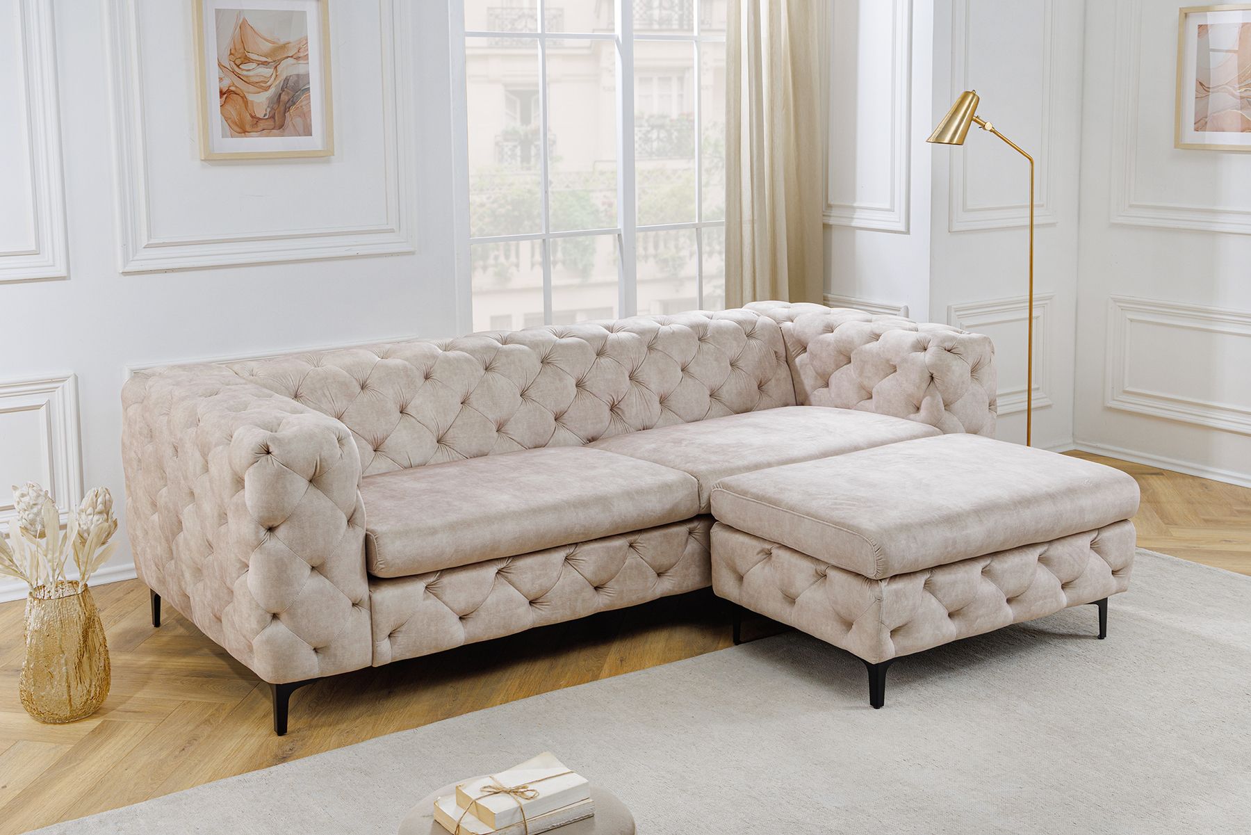 Chesterfield 3-Sitzer Sofa MODERN BAROCK 235cm champagner beige Samt Federkern