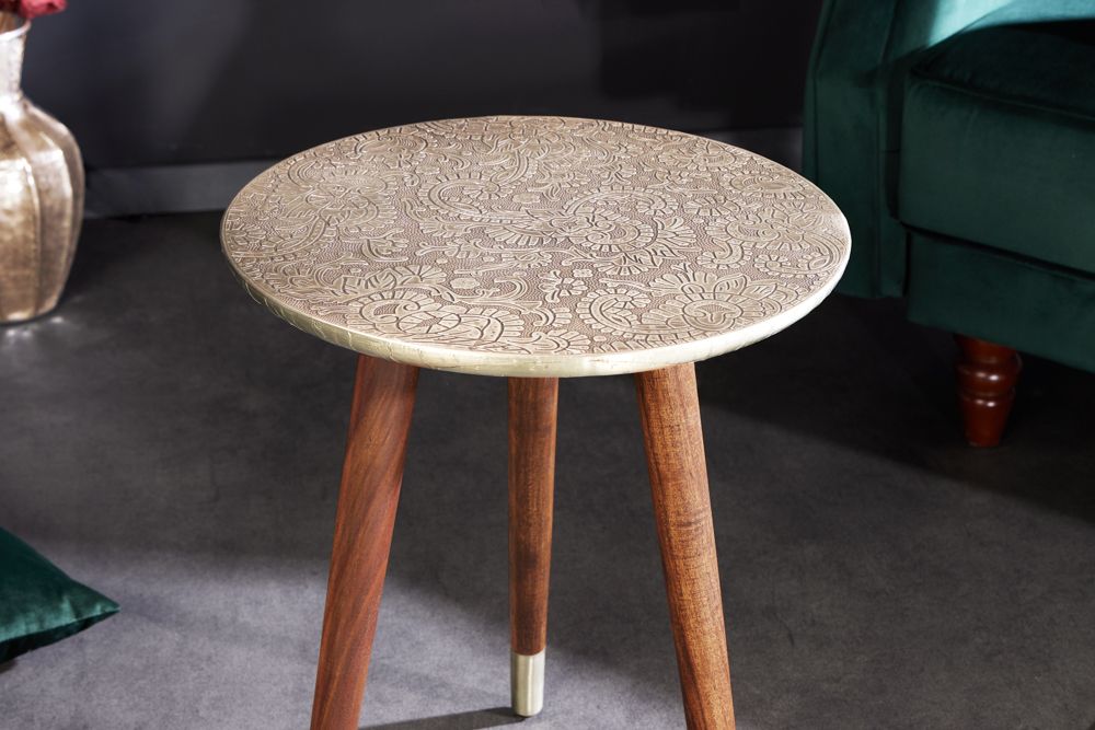 Design Beistelltisch ALCAZAR 50cm antik silber Metall Mangoholz Handarbeit rund