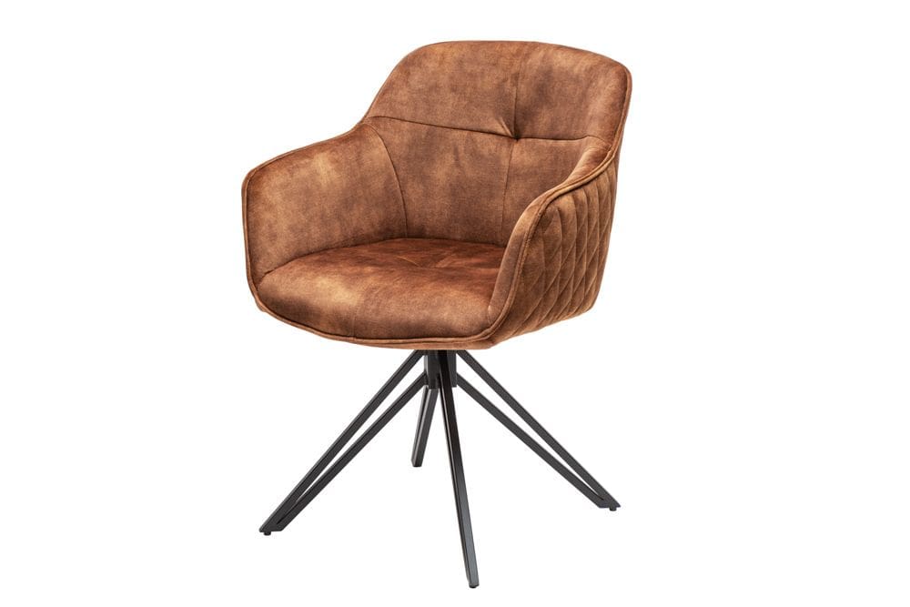 Drehbarer Design Stuhl EUPHORIA rost braun Samt mit Armlehne Metallgestell schwarz