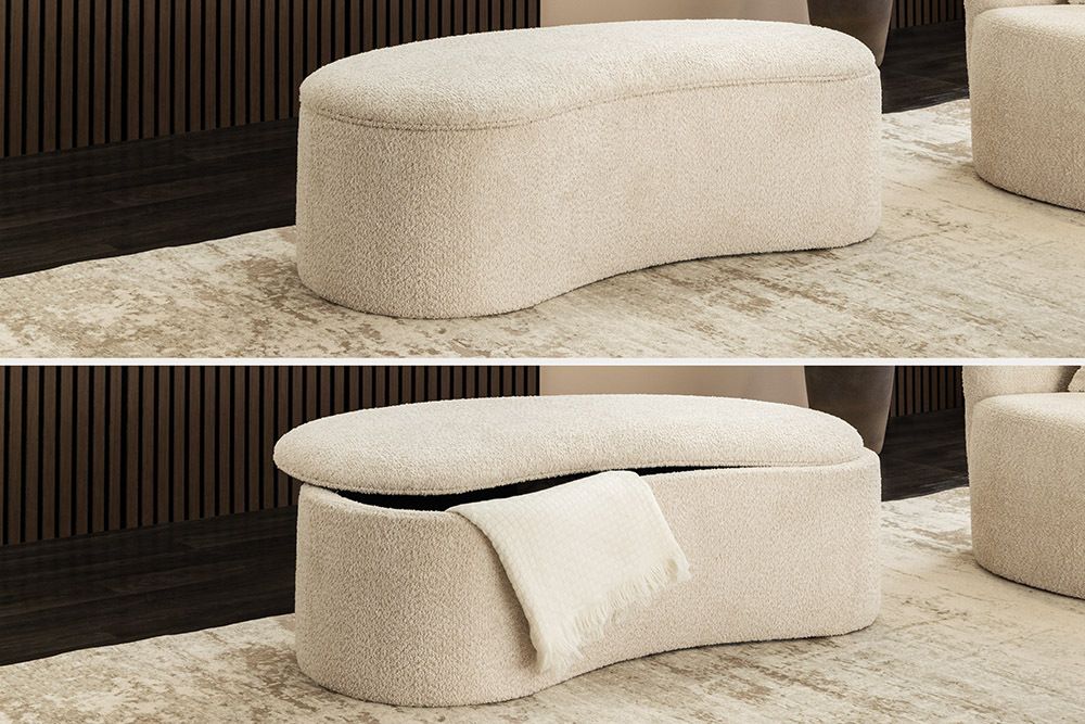 Extravagante Polsterbank ELEMENTAL 120cm champagner beige Feinstrick Bouclé mit Stauraum