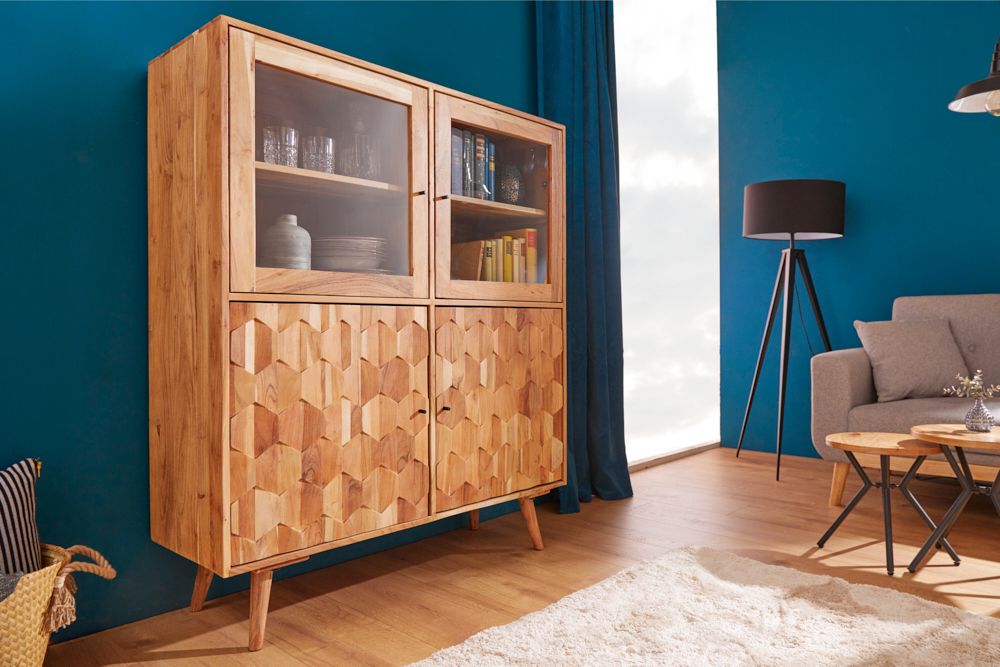 Massivholz Highboard MYSTIC LIVING 140cm Akazie natur Vitrine 3D-Oberfläche