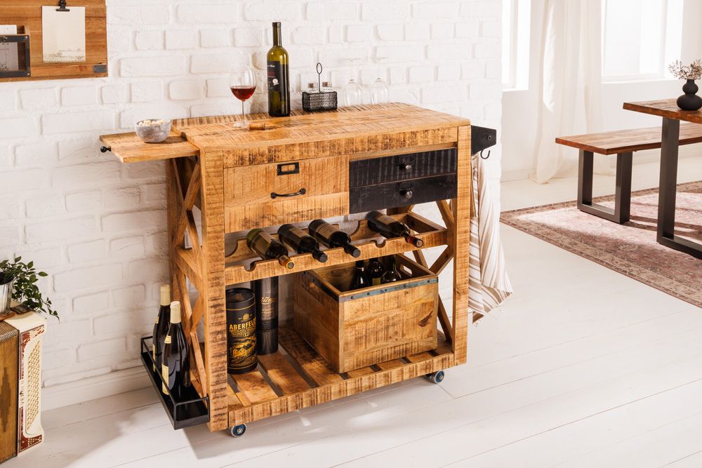 Industrial Barschrank BODEGA 86cm Mangoholz Servierwagen mit Weinregal und Aufhängung