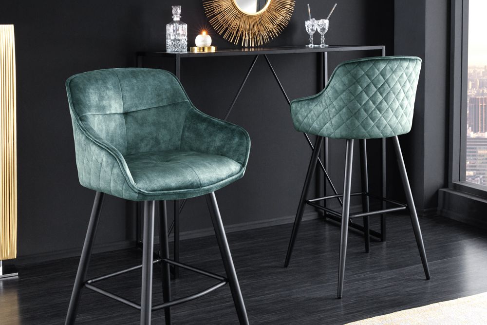 Design Barhocker EUPHORIA petrol Samt schwarze Metallbeine Barstuhl mit Lehne