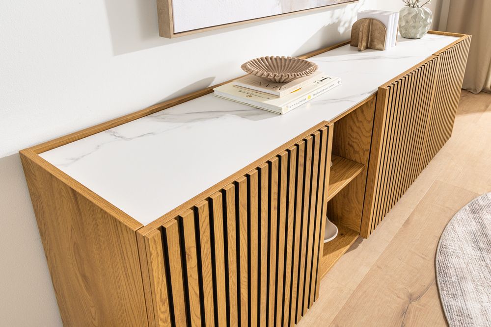 Design Sideboard VICENZA 180cm weiß Keramik natur Eiche Lamellenfront