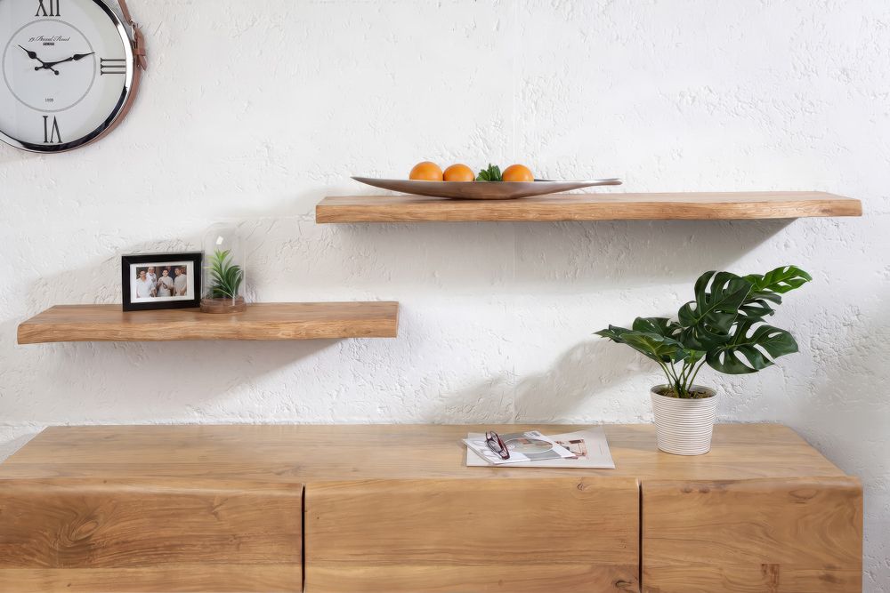 Massives Wandregal GRAND OAK 115cm natur geöltes Eichenholz Baumkante handmade