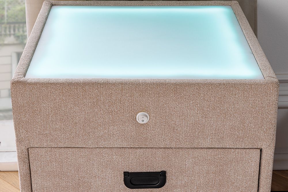 Quadratischer Nachttisch TOULOUSE 55cm beige Samt inkl. Beleuchtung und Schubladen