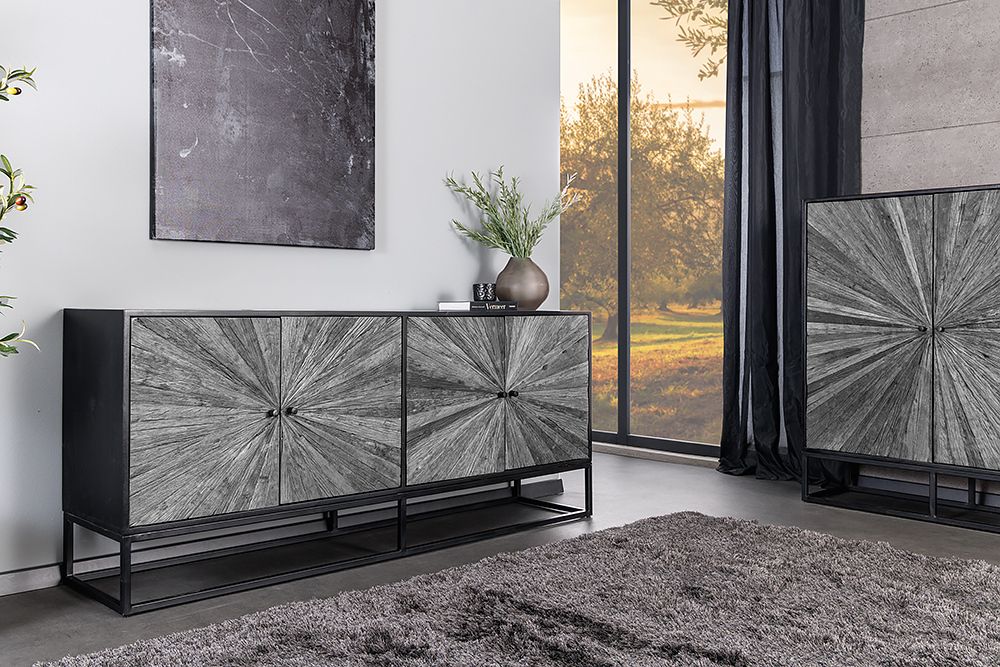Massives Sideboard BARRACUDA 180cm grau Mangoholz mit Teakholz-Front schwarz Metall