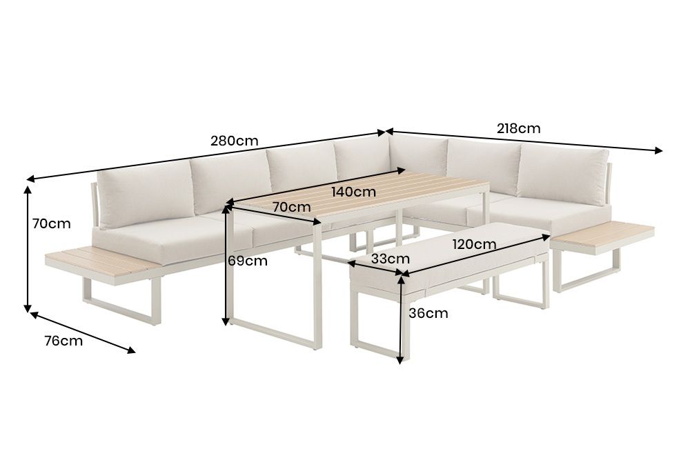 Wetterfestes Gartenmöbel Set IBIZA GRAND 280cm greige Aluminium inkl. Sitzpolster
