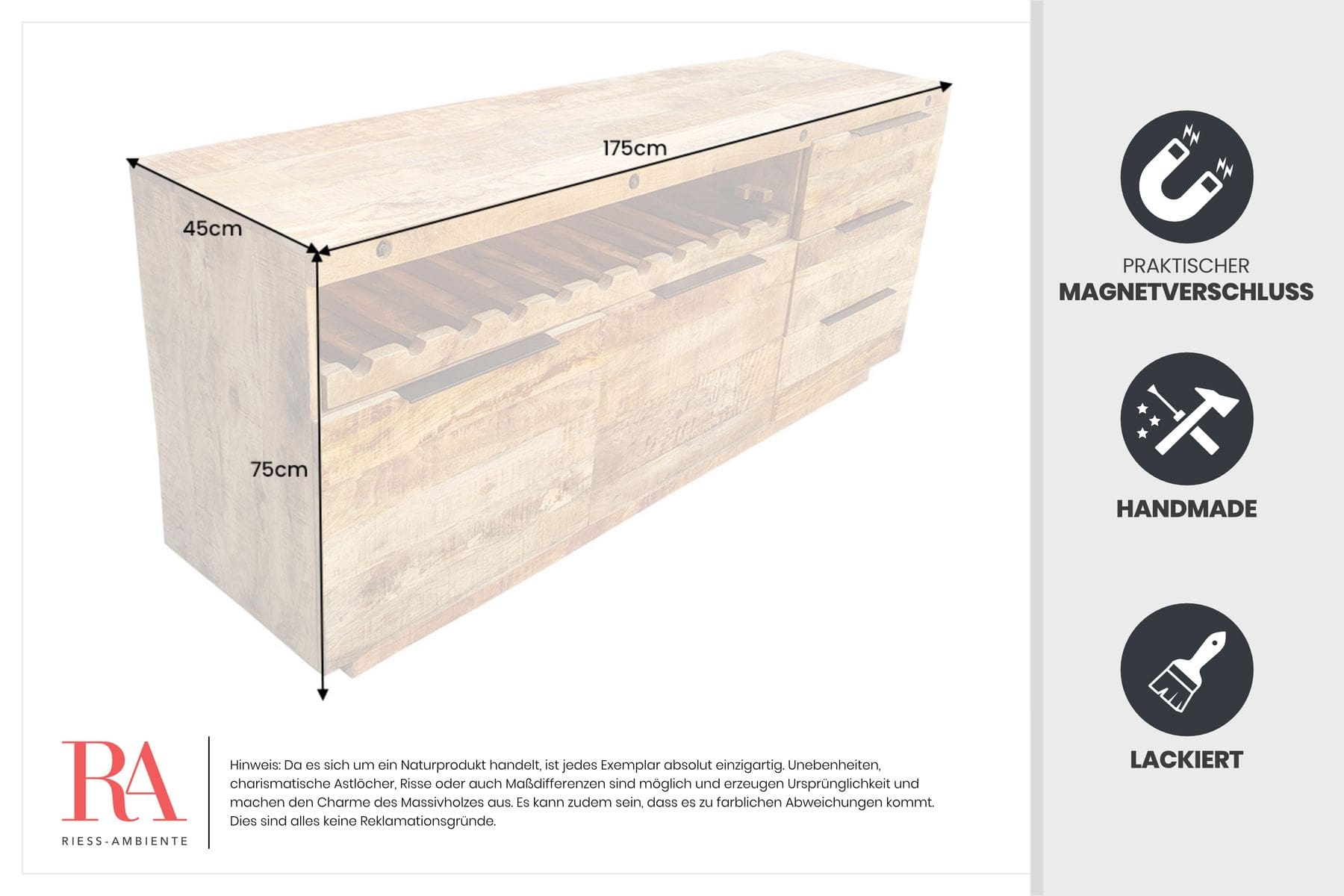 Massives Sideboard IRON CRAFT 175cm natur Mangoholz mit Schubladen Weinregal