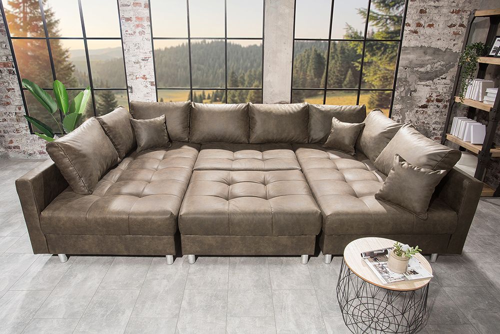 Moderne XXL Wohnlandschaft KENT 305cm taupe Federkern Bigsofa inkl. Hocker