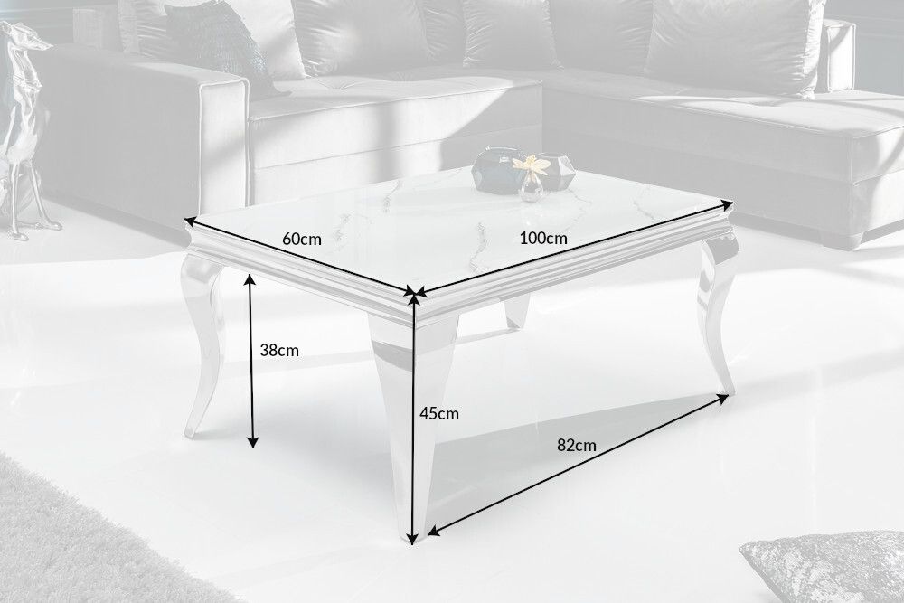 Eleganter Couchtisch MODERN BAROCK 100cm Glasplatte in Marmoroptik Edelstahlbeine