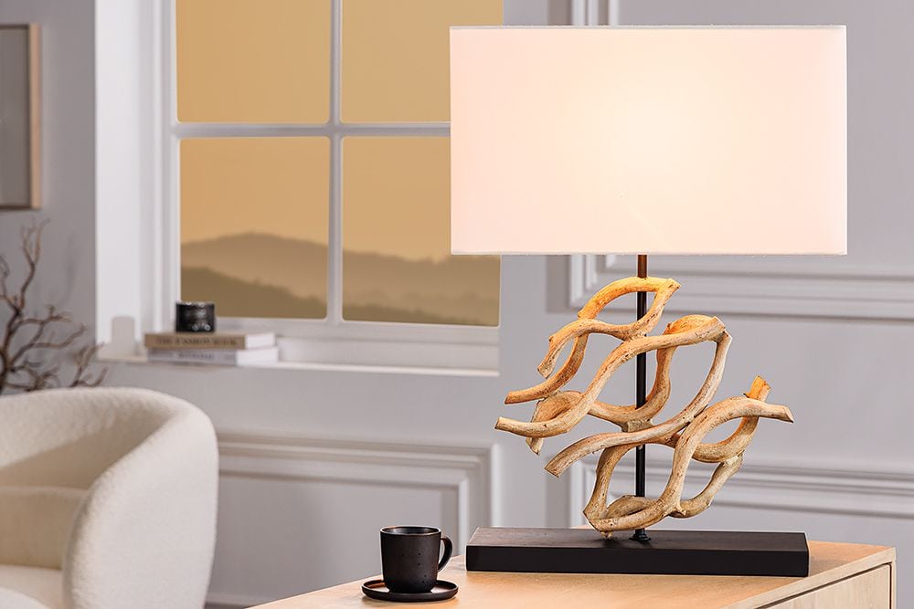 Design Tischlampe WAVE 60cm natur Massivholz handmade weiß Baumwollschirm » Jetzt kaufen
