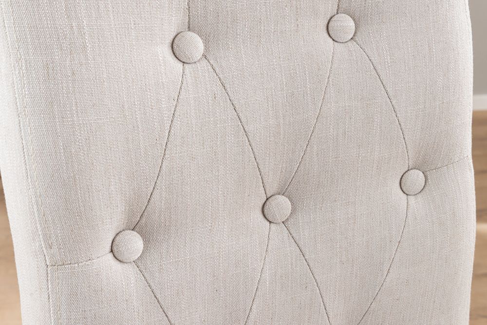 Design Stuhl CASA beige Leinen Massivholzbeine mit Zierknöpfen und Nackenrolle
