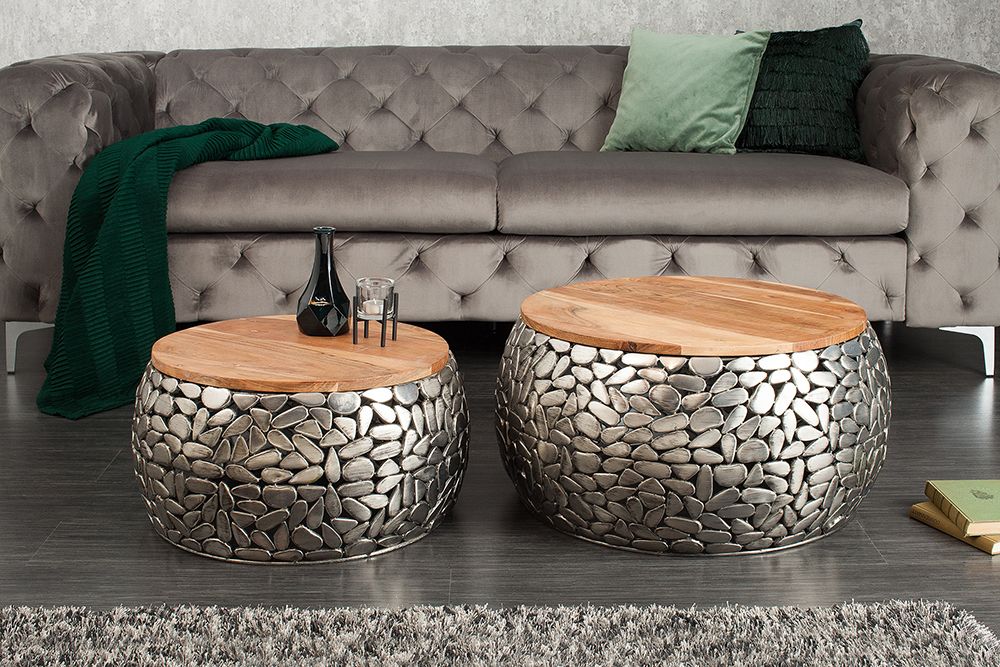 2er Set Runde Couchtische STONE MOSAIC 65cm silber Mangoholz Metall handmade Mosaik Design