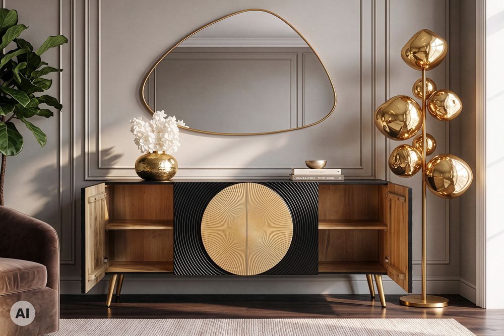 Massives Sideboard AURUM 180cm schwarz Mangoholz mit ikonischem Gold-Element