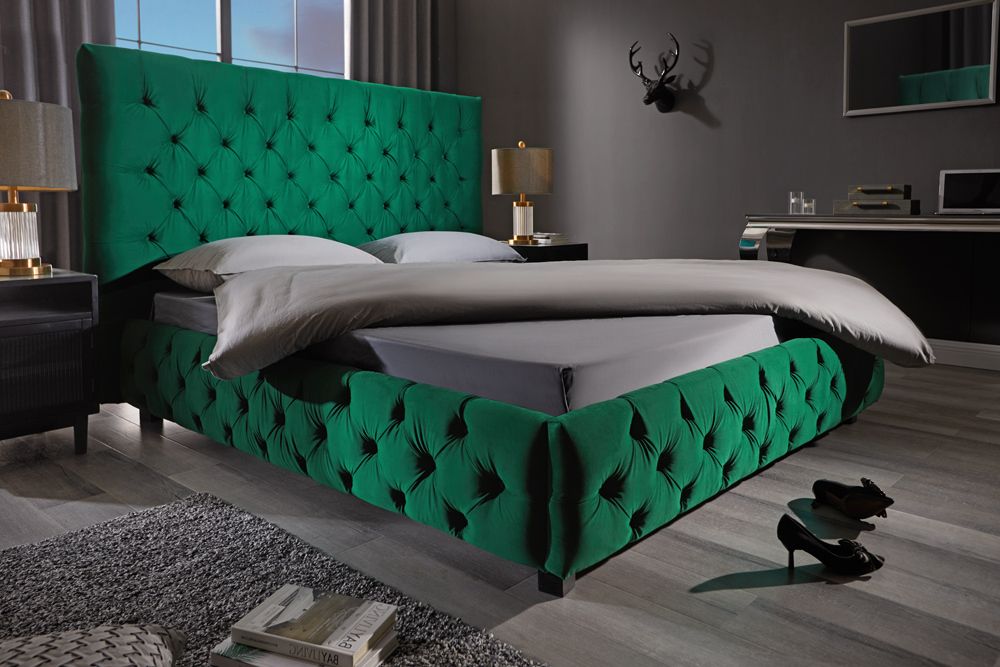 Design Boxbett PARIS 180x200cm dunkelgrün Samt Chesterfield Doppelbett