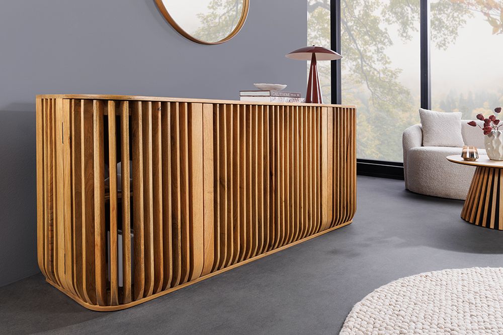Massives Sideboard SCULPTURA 170cm natur Mangoholz mit abgerundeter Lamellenfront