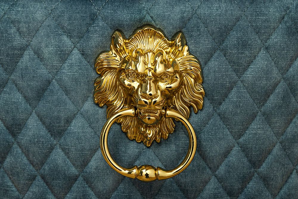 Barock Stuhl CASTLE DELUXE petrol Samt gold Edelstahl mit Löwenkopf Ziernieten