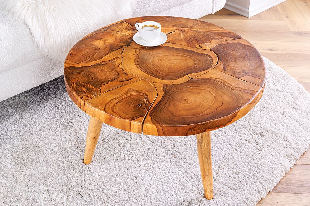 Runder Massivholz Couchtisch MOSAIK 60cm natur Teak Baumstamm handmade