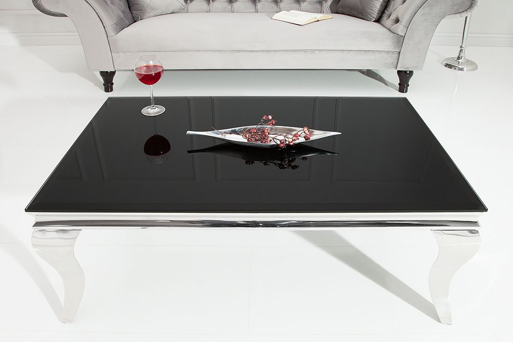 Eleganter Couchtisch MODERN BAROCK 100cm silber mit schwarzem Opalglas