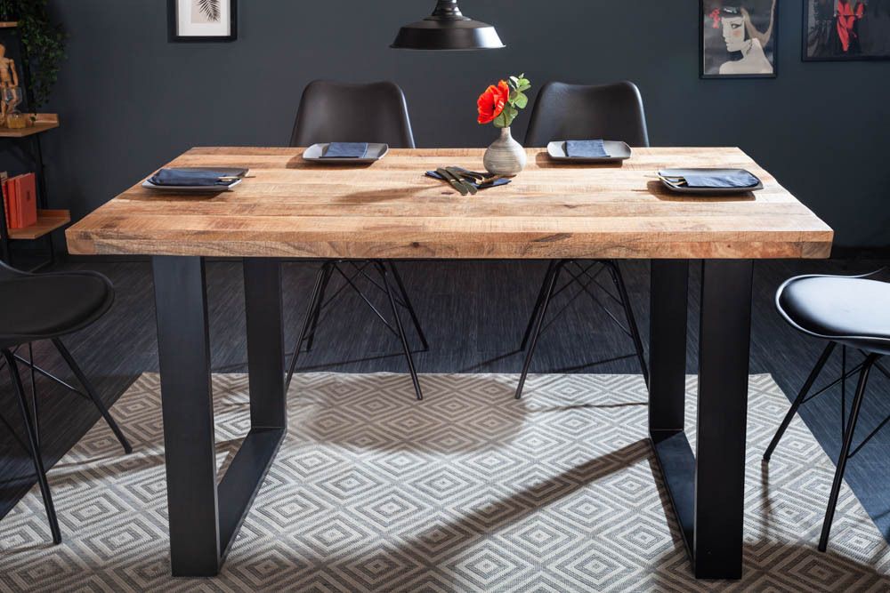 Massiver Esstisch IRON CRAFT 120cm Mangoholz schwarzes Eisengestell Kufe Industrial Design