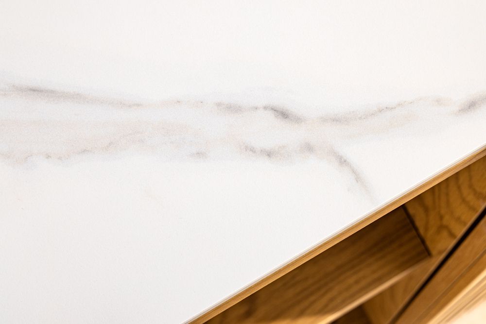 Design Sideboard VICENZA 180cm weiß Keramik natur Eiche Lamellenfront