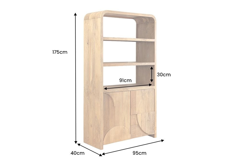 Massives Regal ART DECO 175cm cream finish beige Mangoholz abgerundet mit 3D-Front