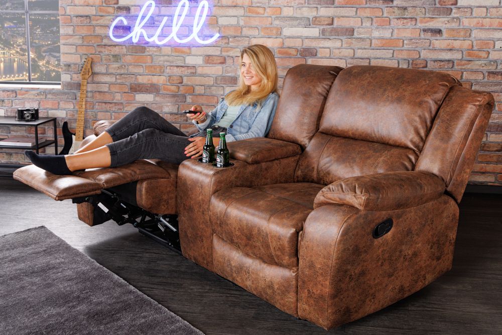 Exklusiver 2er Kinosessel HOLLYWOOD antik braun mit Liegefunktion und Getränkehalter