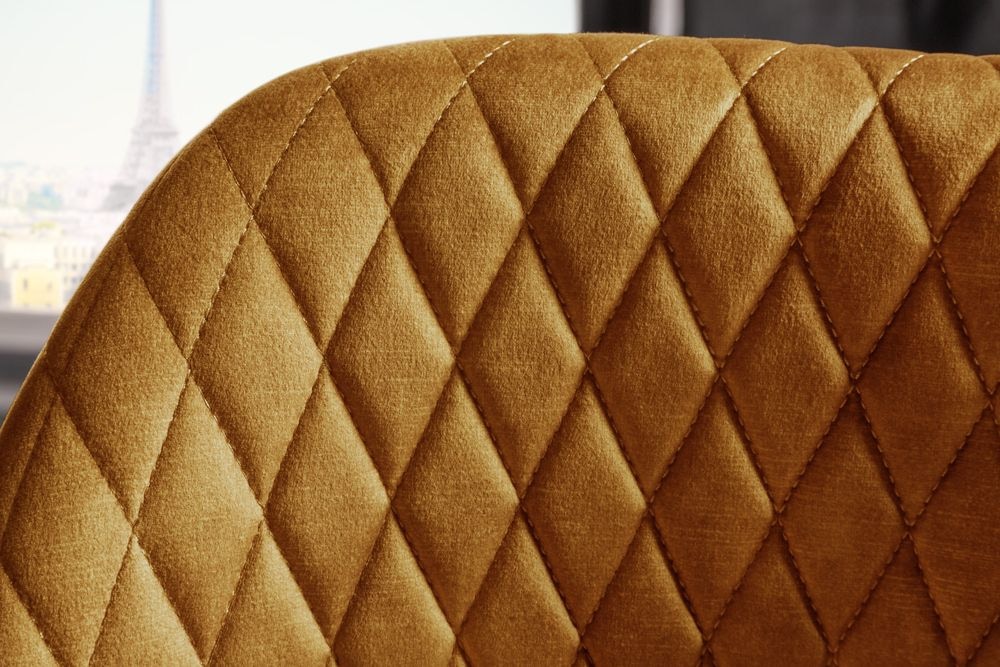Design Barhocker PARIS senfgelb Samt mit Lehne Metall schwarz gold Ziersteppung