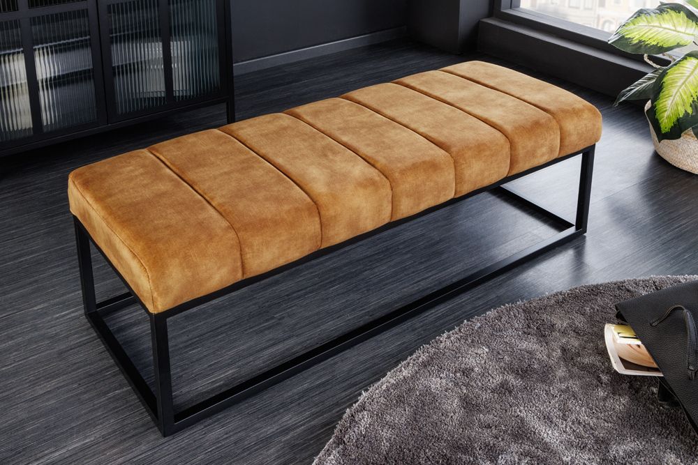 Moderne Sitzbank PETIT BEAUTÉ 110cm senfgelb Samt schwarzes Metallgestell