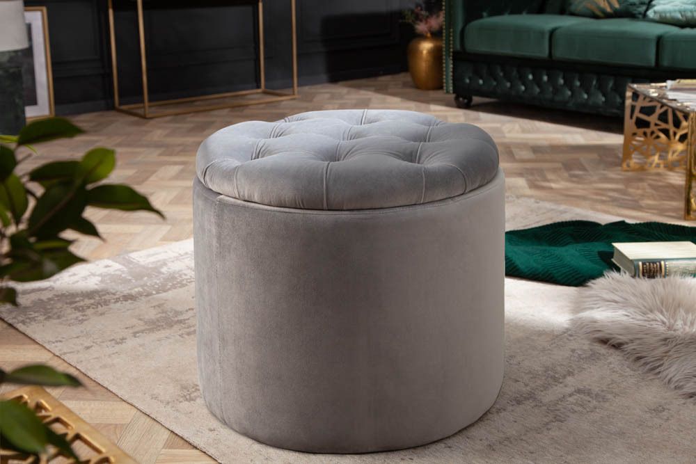 Eleganter Hocker MODERN BAROCK 50cm silbergrau Samt Aufbewahrungkorb