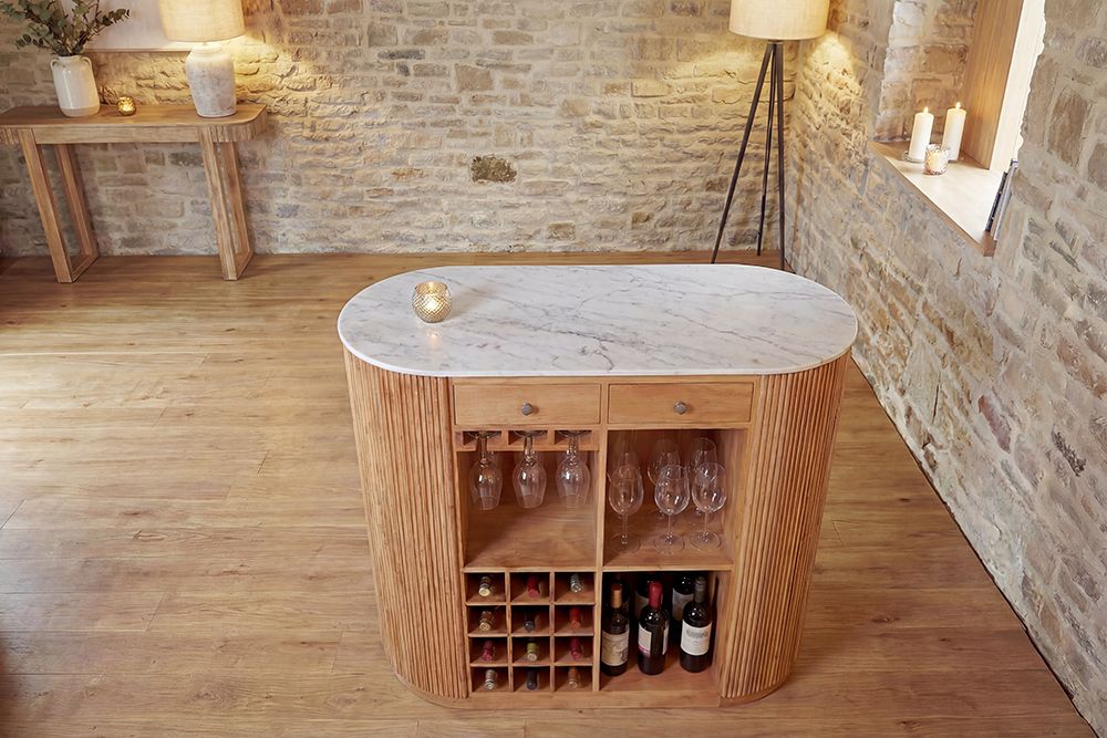 Massiver Bartisch TRES CHIC 120cm braun Mangoholz weiß Marmor mit Flaschenregal