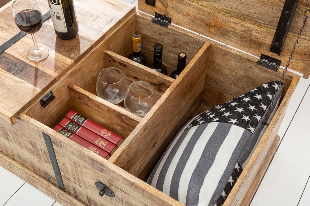 Massivholz Couchtisch BODEGA 100cm Mangoholz Hausbar Truhe mit Stauraum