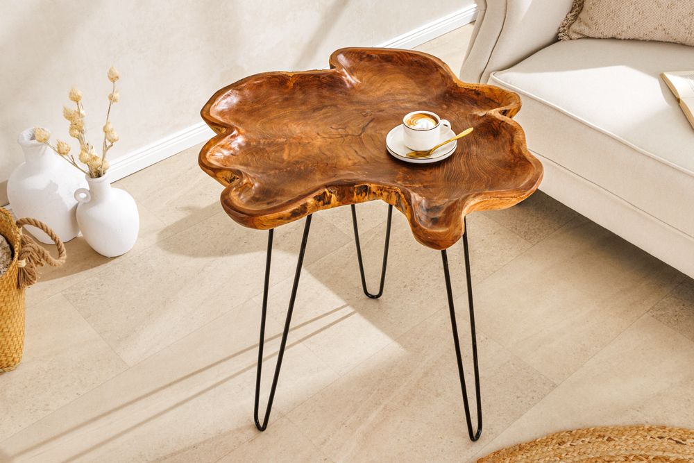 Einzigartiger Beistelltisch WILD 65cm natur Teakholz Hairpin Legs Couchtisch