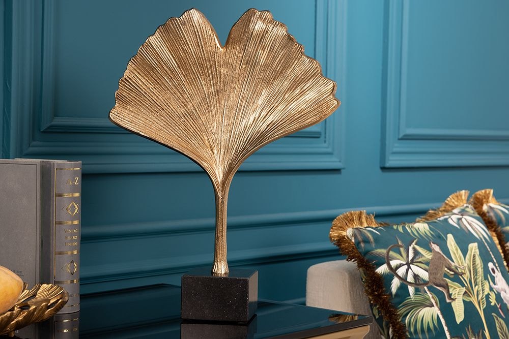 Dekorative Skulptur GINKGO LEAF 44cm gold handmade Metall mit Marmorsockel