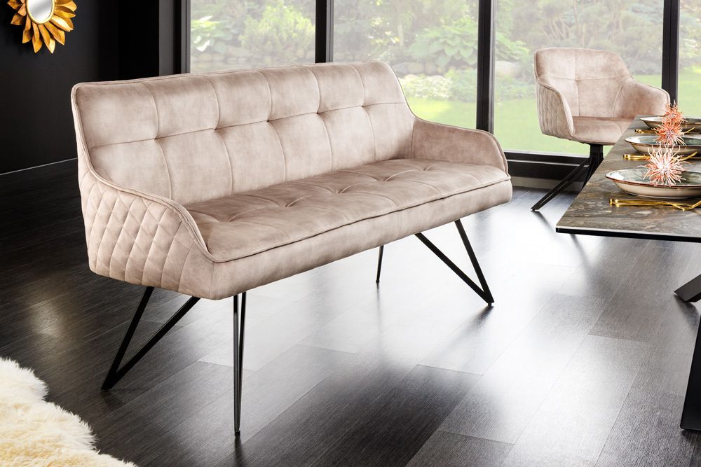 Design Sitzbank EUPHORIA 160cm champagner greige Samt Hairpin Legs Metallbeine Armlehnen