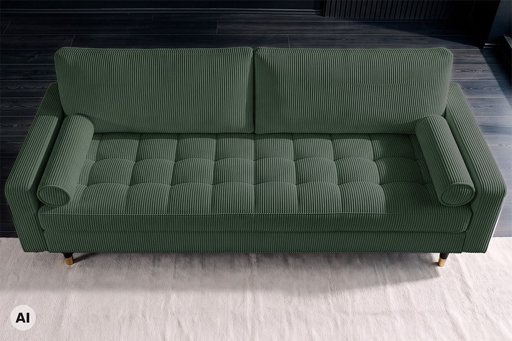 3er Sofa COZY VELVET 220cm grün Cord schwarze Füße mit goldener Kappe