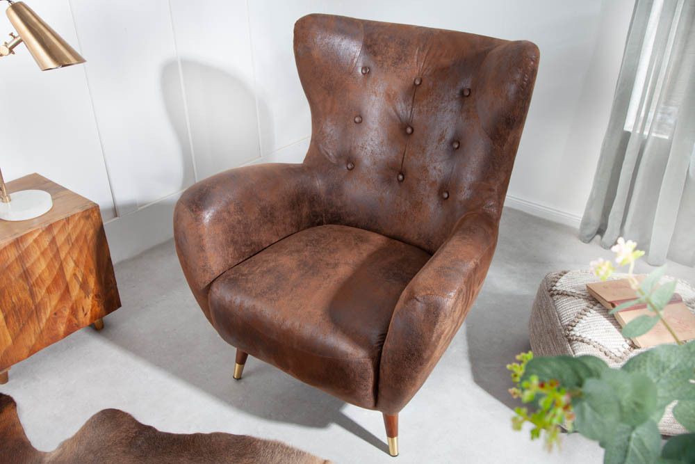 Retro Design Sessel DON antik braun goldene Fußkappen mit Federkern