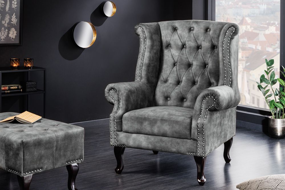 Design Ohrensessel CHESTERFIELD 105cm grau Samt silber Nieten